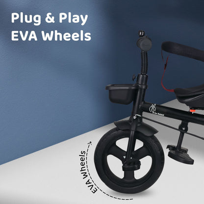R for Rabbit Tiny Toes T40 Ace Tricycle - EVA Wheels, 360 Rotatable Seat, Adjustable Canopy, Parental Control, Front & Rear Baskets Maroon Black