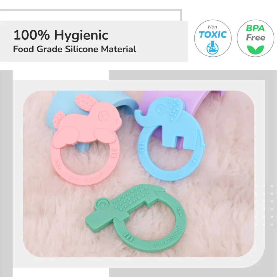 R For Rabbit Tiny Bites Zoobie Baby Silicone Teethers Pack of 3 Crocodile, Rabbit, and Elephant, Green-Pink-Blue