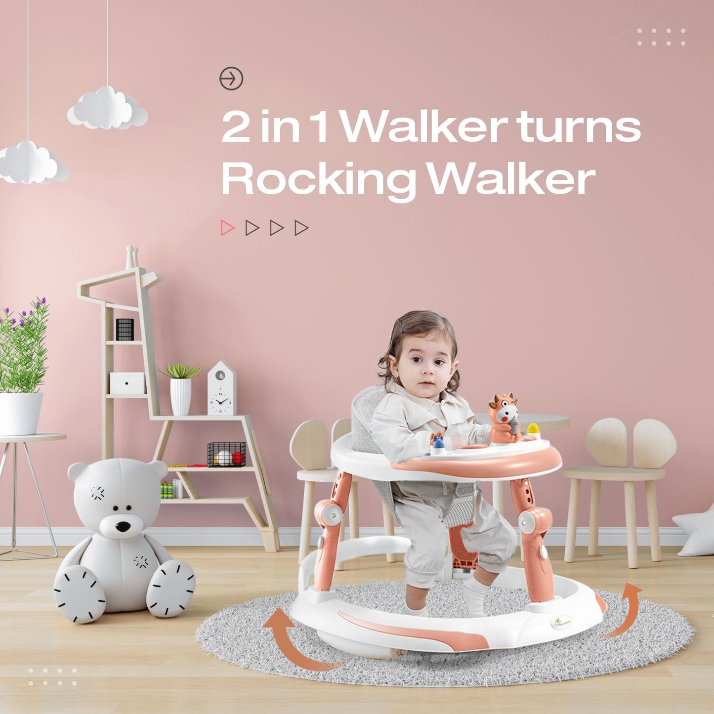 R for Rabbit Little Feet Plus Walker - Detachable Toy Bar/Meal Tray With Music & Light, 3 Level Height/4 Level Seat Adjustment Pink