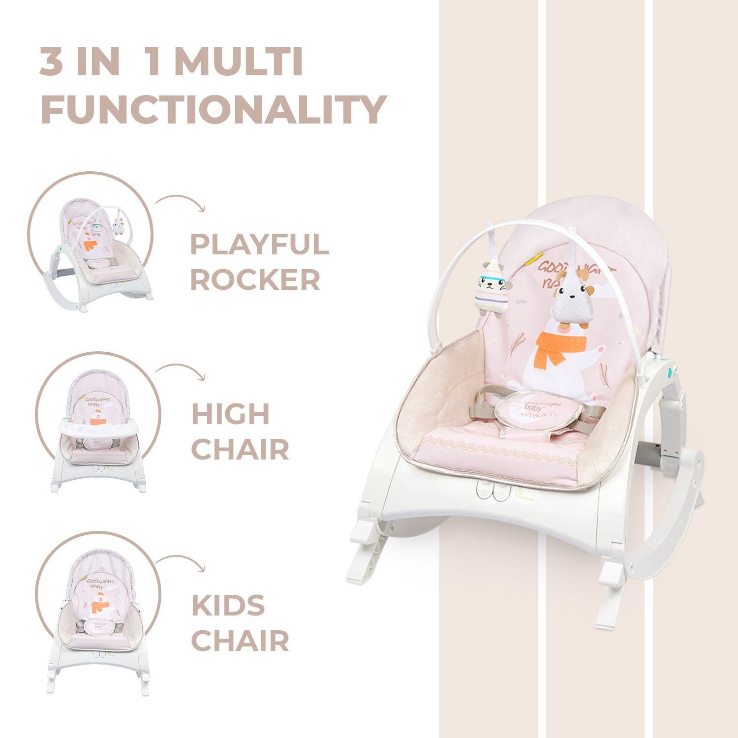 R for Rabbit 3 In 1 Rock N Play Rocker - Adjustable Backrest Recline, Detachable Toy Bar, Soothing Music & Vibration Cream Grey