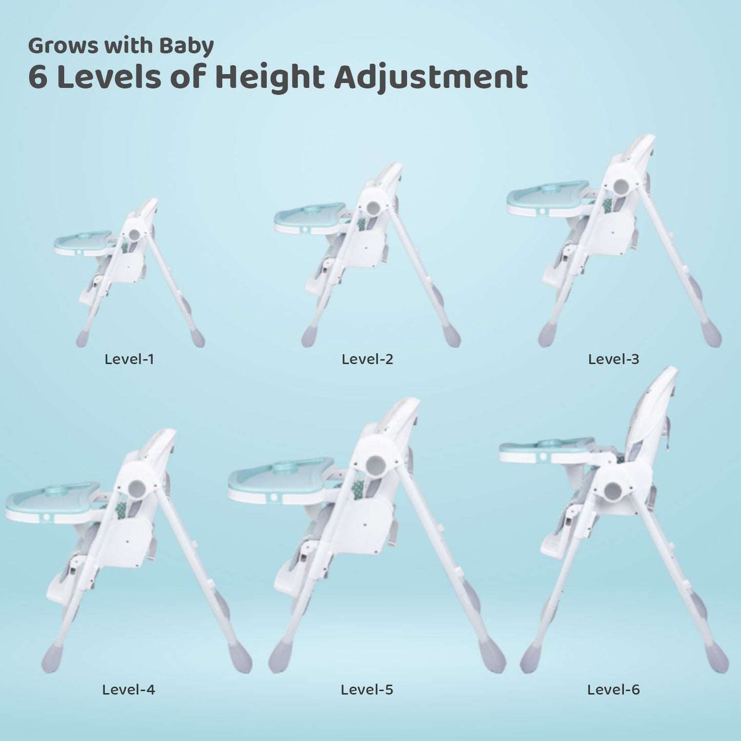 R for Rabbit Marshmallow Lite High Chair - 6 Level Height Adjustment, 3 Recline Modes, Adjustable & Removable Meal Tray Blue
