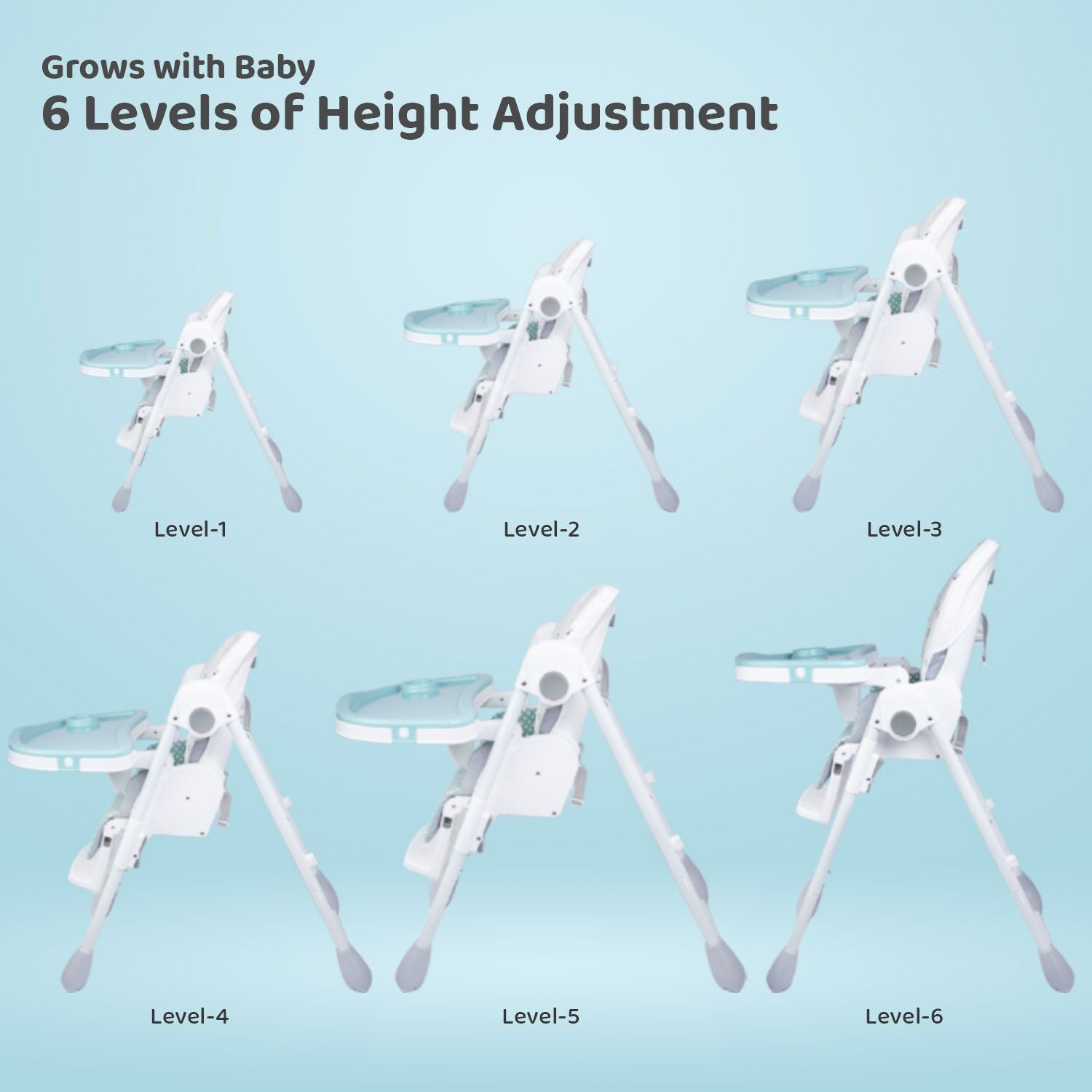 R for Rabbit Marshmallow Lite High Chair - 6 Level Height Adjustment, 3 Recline Modes, Adjustable & Removable Meal Tray Blue