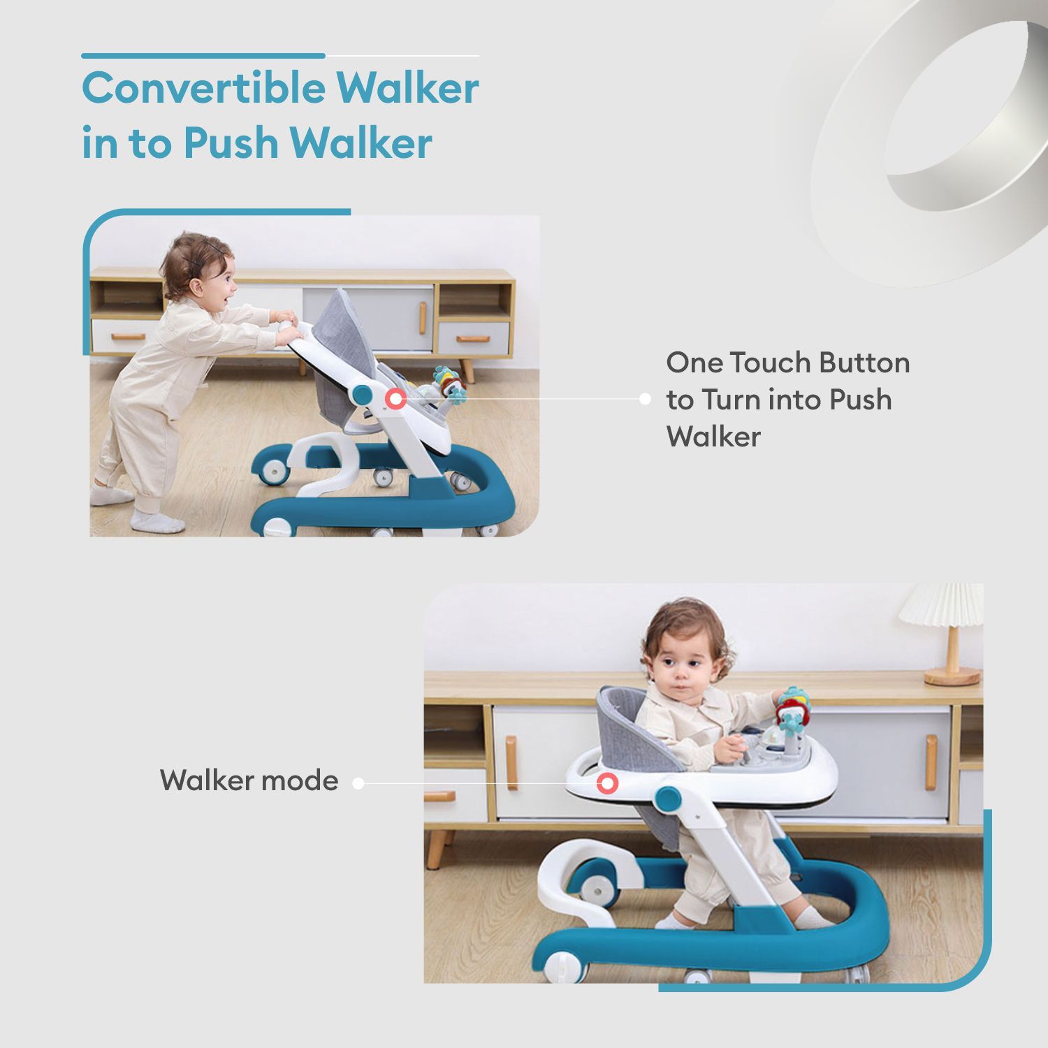 R for Rabbit Little Feet Walker - Detachable Toy Bar/Meal Tray With Music & Light, 2 Level Height/4 Level Seat Adjustment, Anti Fall Brake Pads Blue