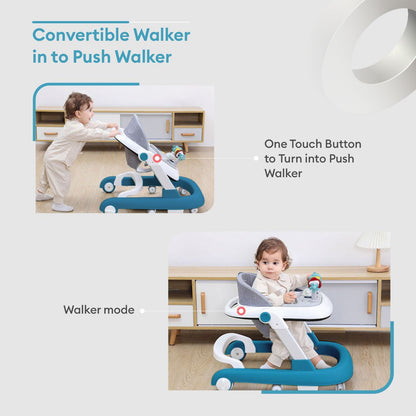 R for Rabbit Little Feet Walker - Detachable Toy Bar/Meal Tray With Music & Light, 2 Level Height/4 Level Seat Adjustment, Anti Fall Brake Pads Blue