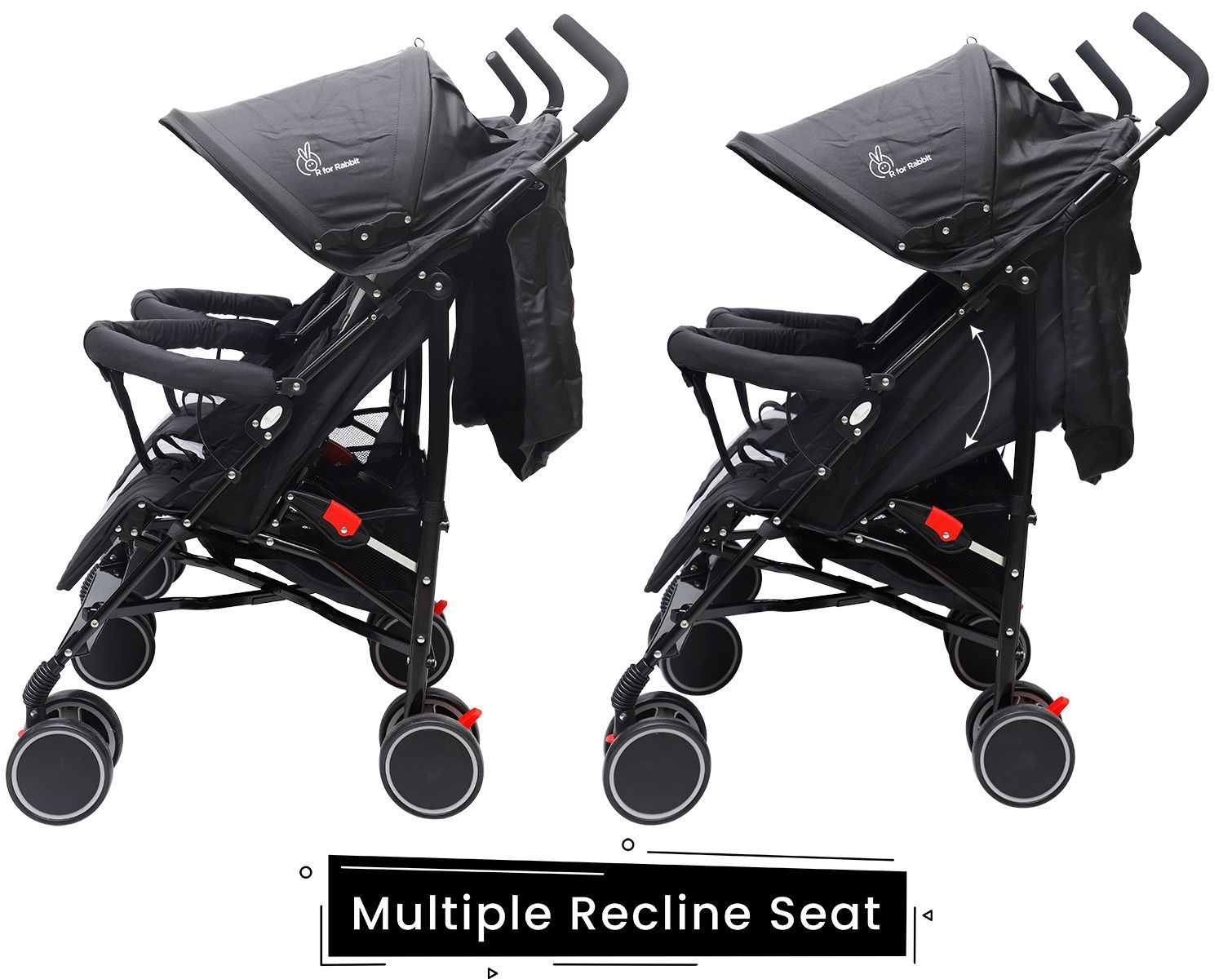 R for Rabbit Ginny And Johnny Stroller - Compact Fold, Dual Basket, Multi-Position Recline Seat, Rear Brake Black Grey