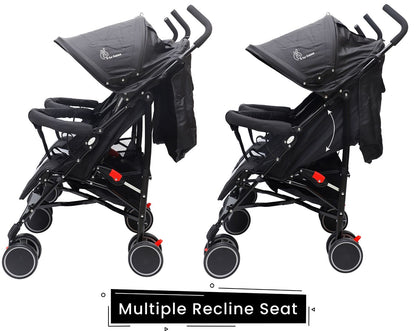 R for Rabbit Ginny And Johnny Stroller - Compact Fold, Dual Basket, Multi-Position Recline Seat, Rear Brake Black Grey