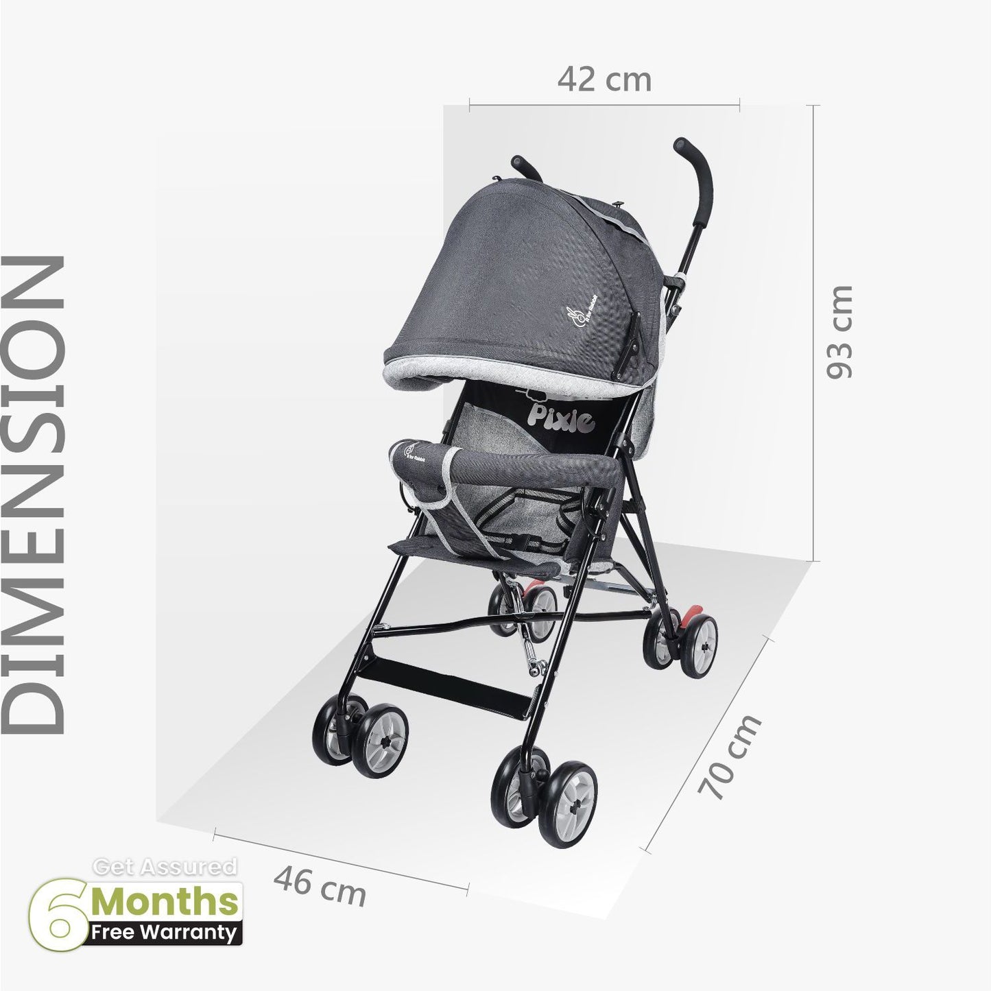 R for Rabbit Pixie Buggy Stroller - Easy To Fold & Store, UV Sun Protection Canopy, Rear Brakes, Storage Bag Black Grey