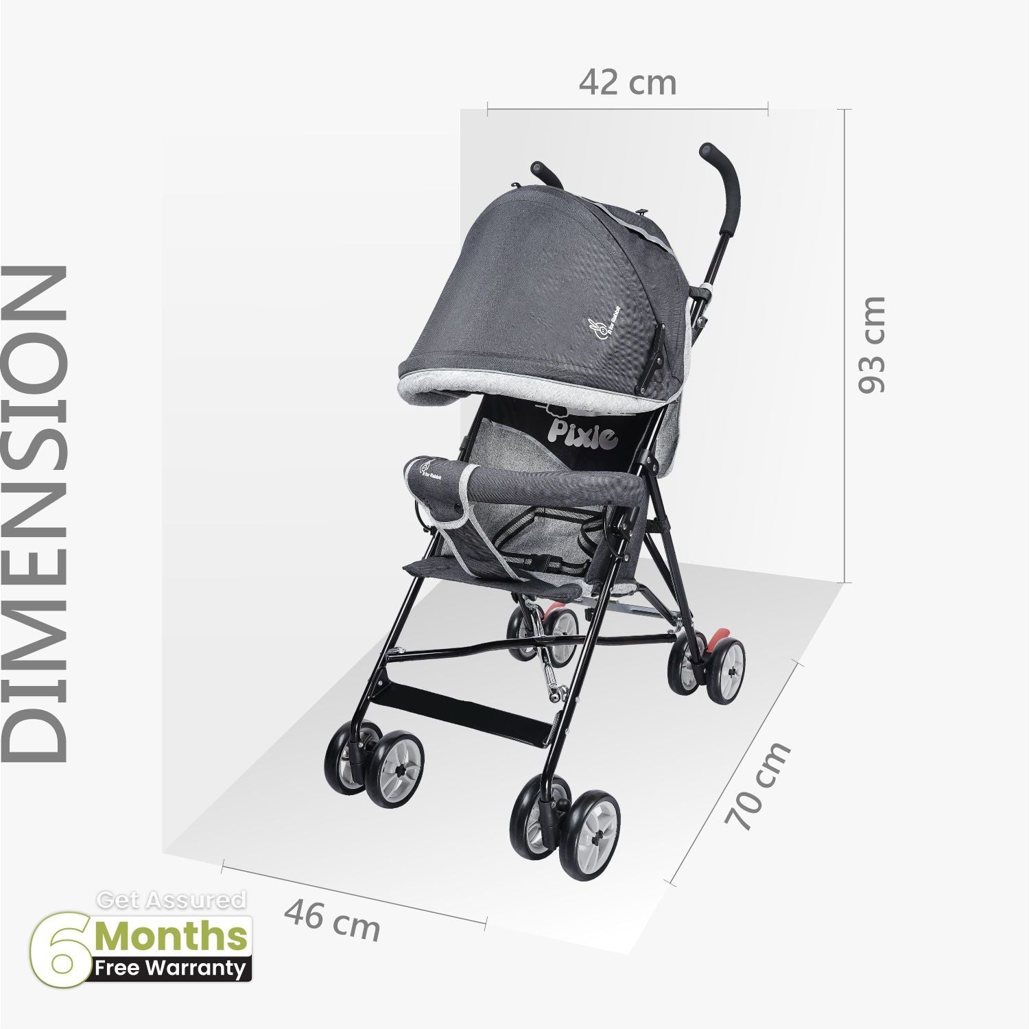 R for Rabbit Pixie Buggy Stroller - Easy To Fold & Store, UV Sun Protection Canopy, Rear Brakes, Storage Bag Black Grey