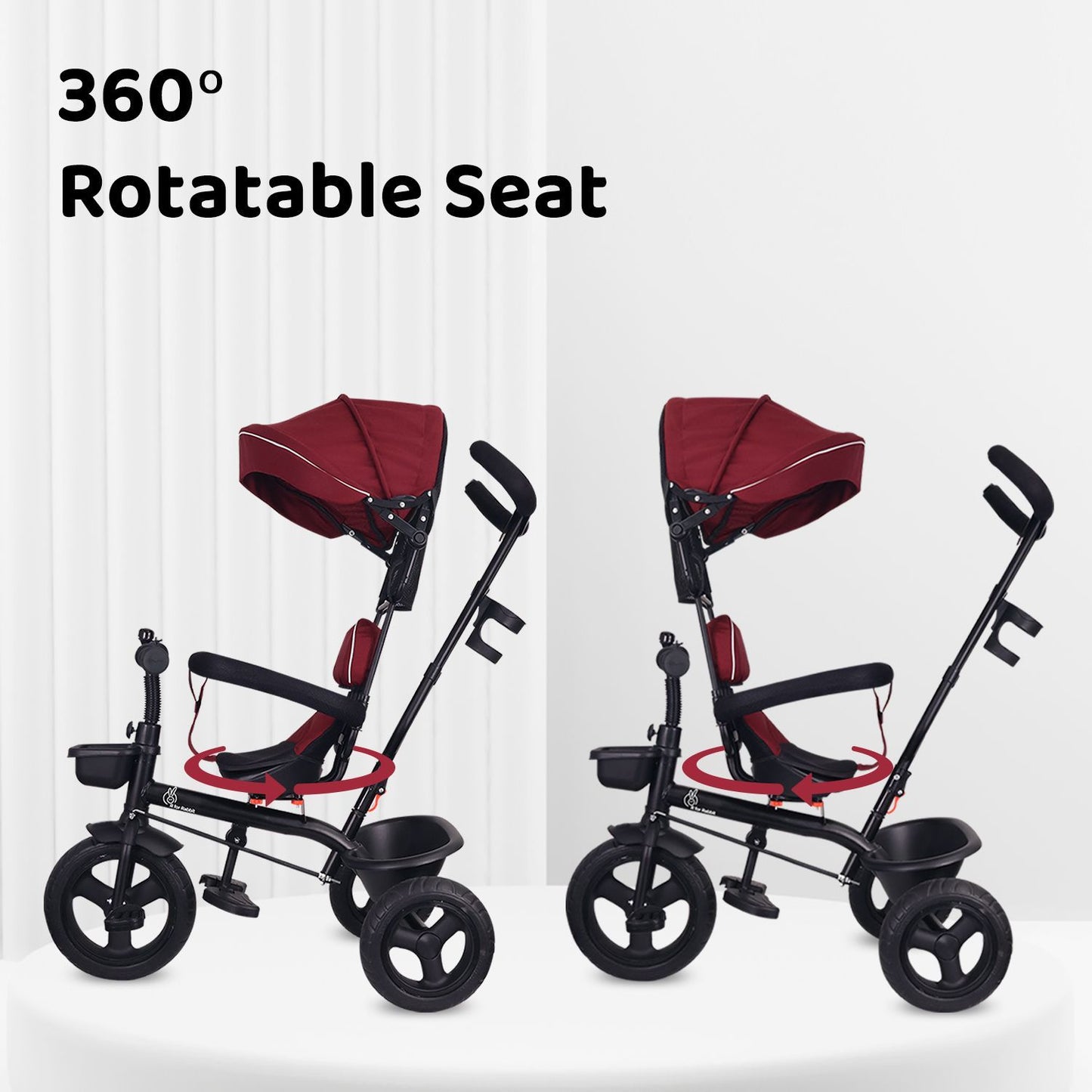 R for Rabbit Tiny Toes T40 Ace Tricycle - EVA Wheels, 360 Rotatable Seat, Adjustable Canopy, Parental Control, Front & Rear Baskets Maroon Black