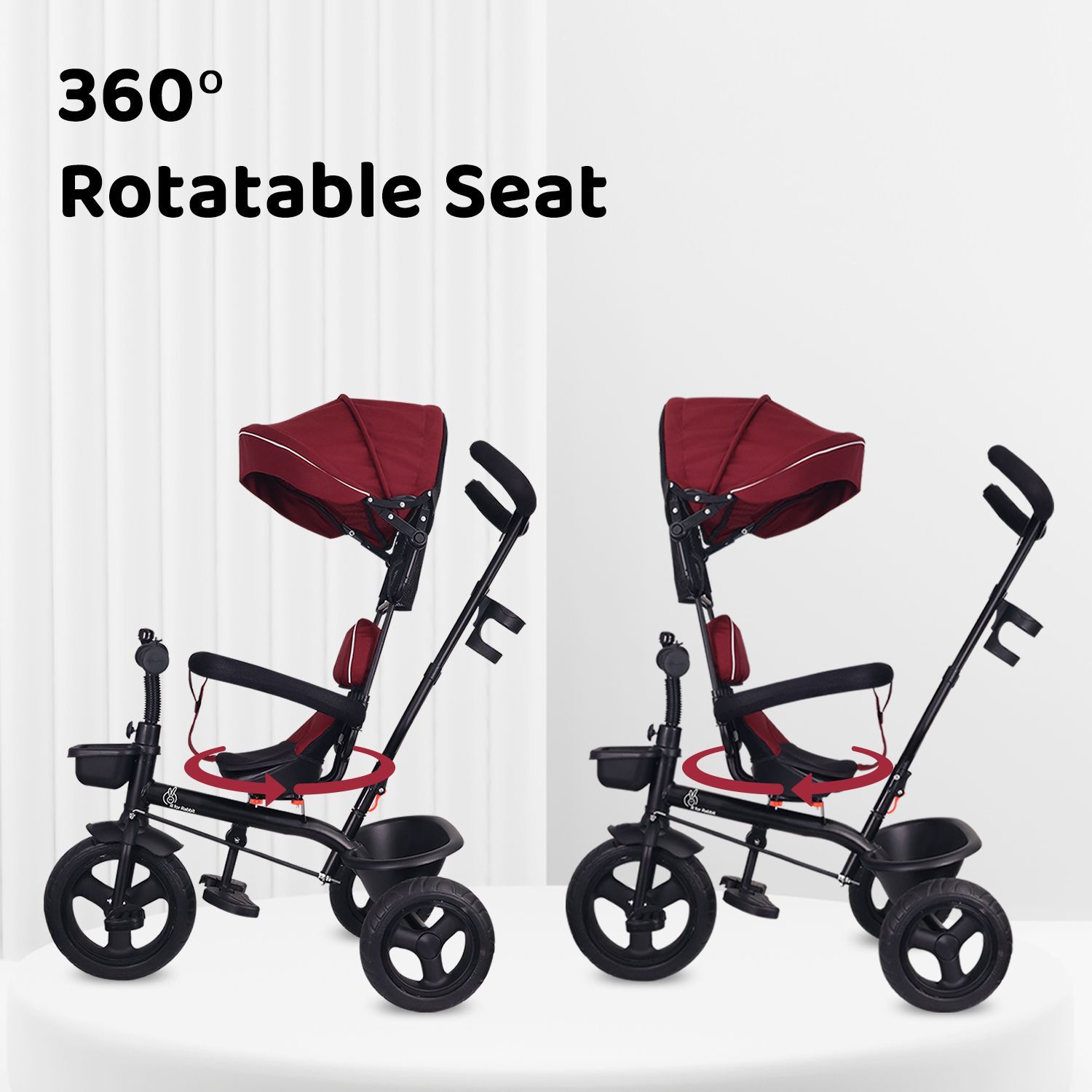 R for Rabbit Tiny Toes T40 Ace Tricycle - EVA Wheels, 360 Rotatable Seat, Adjustable Canopy, Parental Control, Front & Rear Baskets Maroon Black
