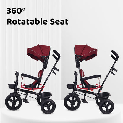 R for Rabbit Tiny Toes T40 Ace Tricycle - EVA Wheels, 360 Rotatable Seat, Adjustable Canopy, Parental Control, Front & Rear Baskets Maroon Black