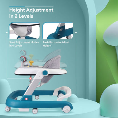 R for Rabbit Little Feet Walker - Detachable Toy Bar/Meal Tray With Music & Light, 2 Level Height/4 Level Seat Adjustment, Anti Fall Brake Pads Blue