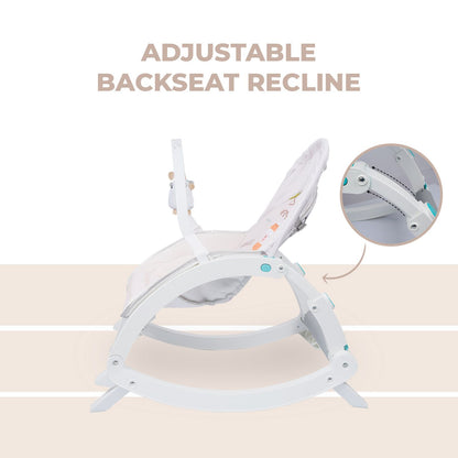 R for Rabbit 3 In 1 Rock N Play Rocker - Adjustable Backrest Recline, Detachable Toy Bar, Soothing Music & Vibration Cream Grey