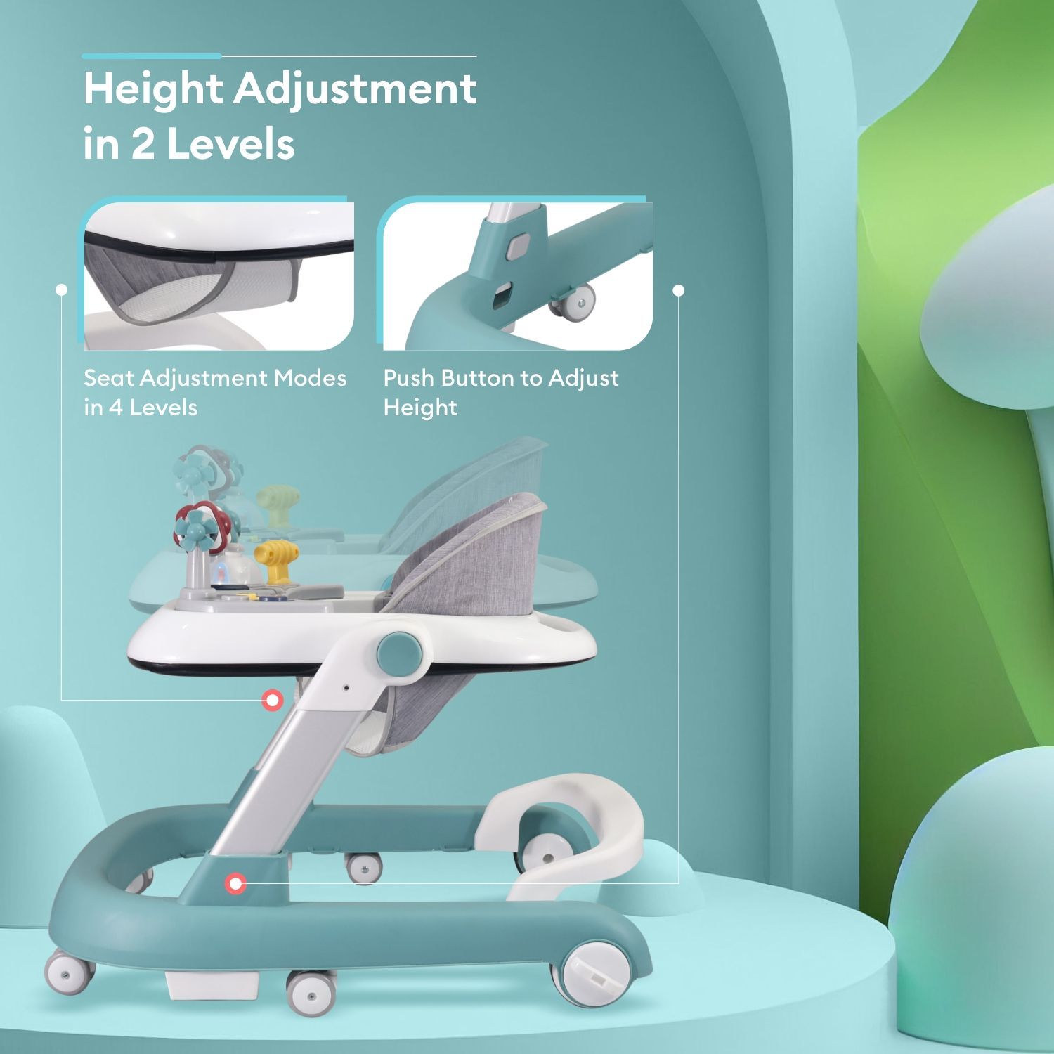 R for Rabbit Little Feet Walker - Detachable Toy Bar/Meal Tray With Music & Light, 2 Level Height/4 Level Seat Adjustment, Anti fall Brake Pads Green