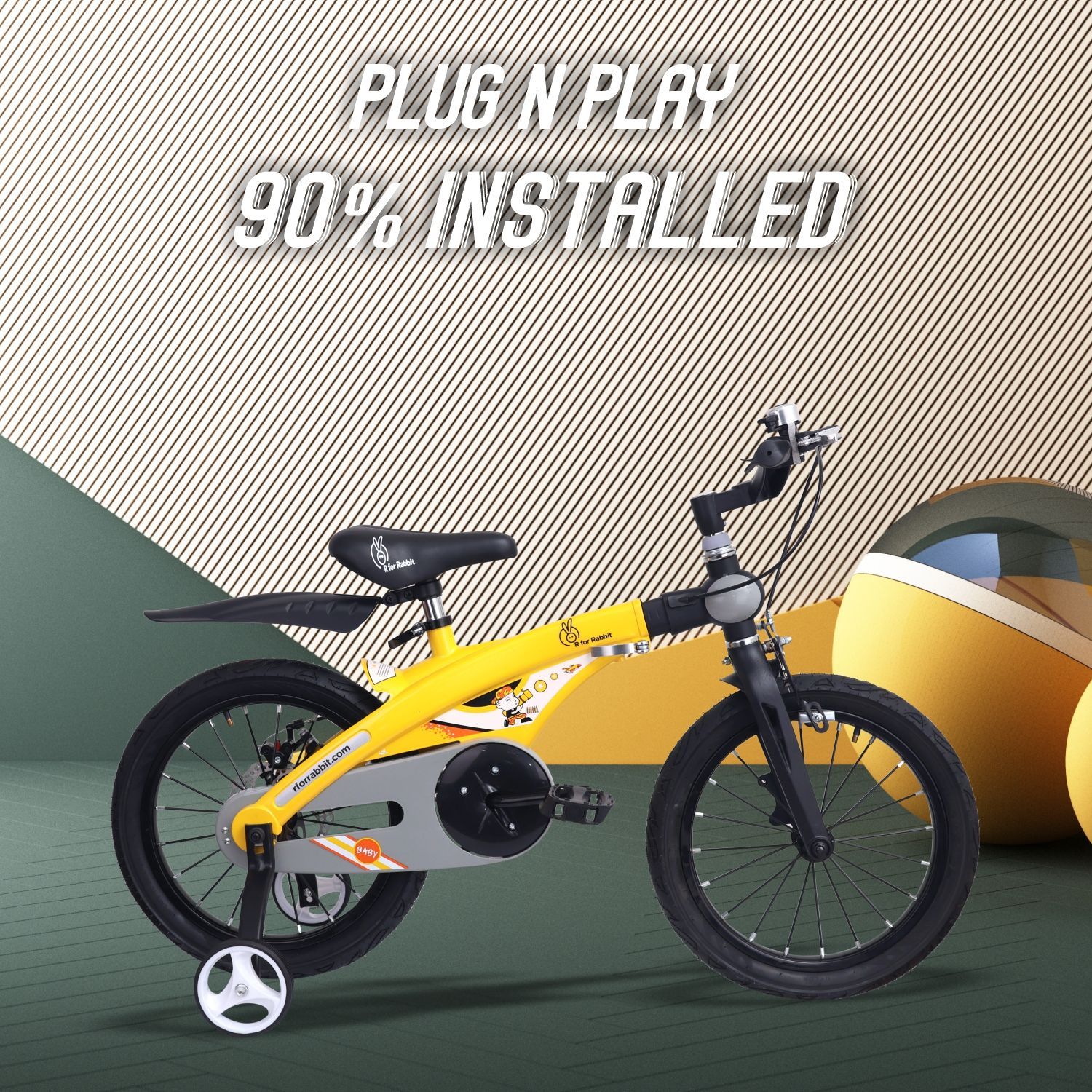 R for Rabbit Tiny Toes Jazz 14T Bicycle - Adjustable Structure, Seat & Handlebar, 90% Installed Yellow