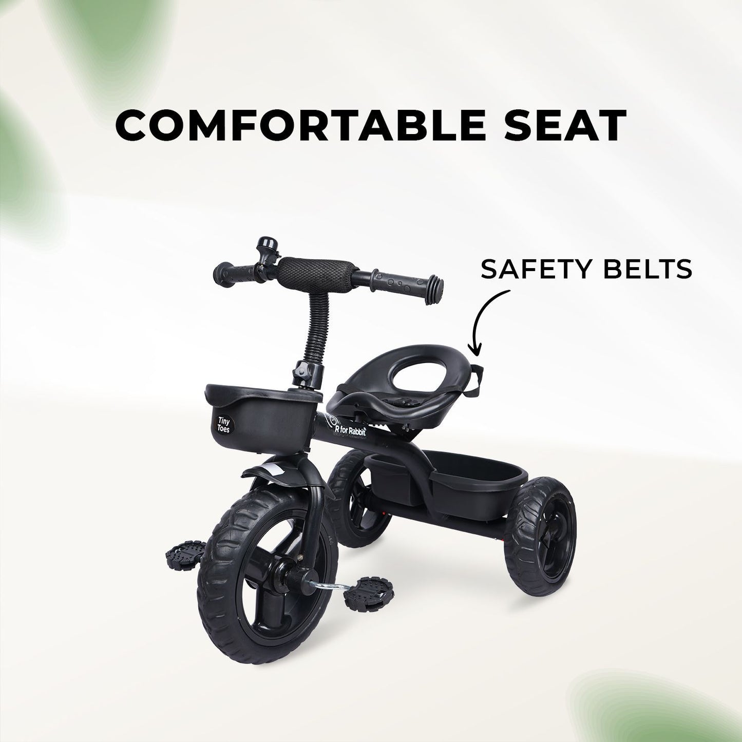 R for Rabbit Tiny Toes T10 Ace Tricycle - Front & Back Basket, Seat Belt Black