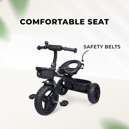 R for Rabbit Tiny Toes T10 Ace Tricycle - Front & Back Basket, Seat Belt Black