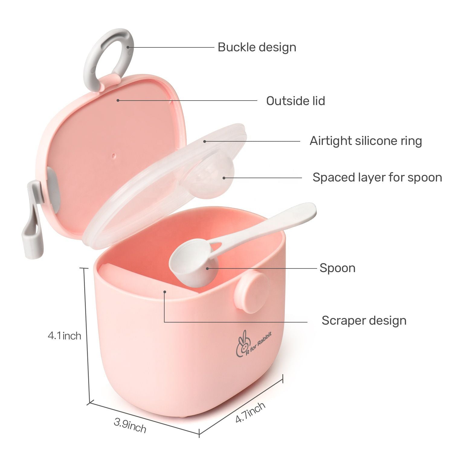 R for Rabbit First Feed Box With Scoop, BPA Free, Leak Proof Pink