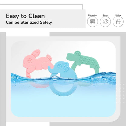 R For Rabbit Tiny Bites Zoobie Baby Silicone Teethers Pack of 3 Crocodile, Rabbit, and Elephant, Green-Pink-Blue
