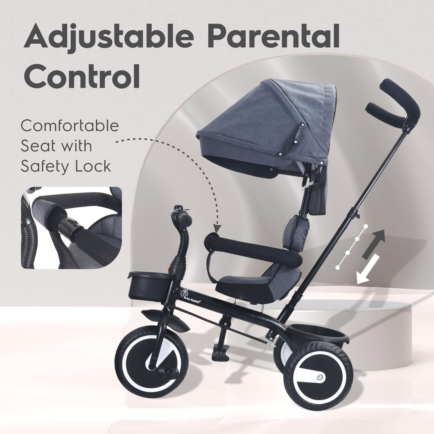 Tiny Toes T30 Ace Tricycle - 3 In 1, Adjustable Parental Control & Canopy, Front & Rear Basket Grey