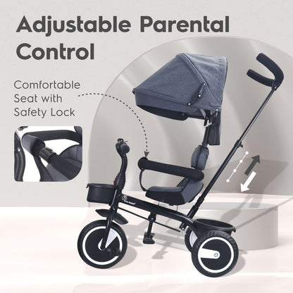Tiny Toes T30 Ace Tricycle - 3 In 1, Adjustable Parental Control & Canopy, Front & Rear Basket Grey