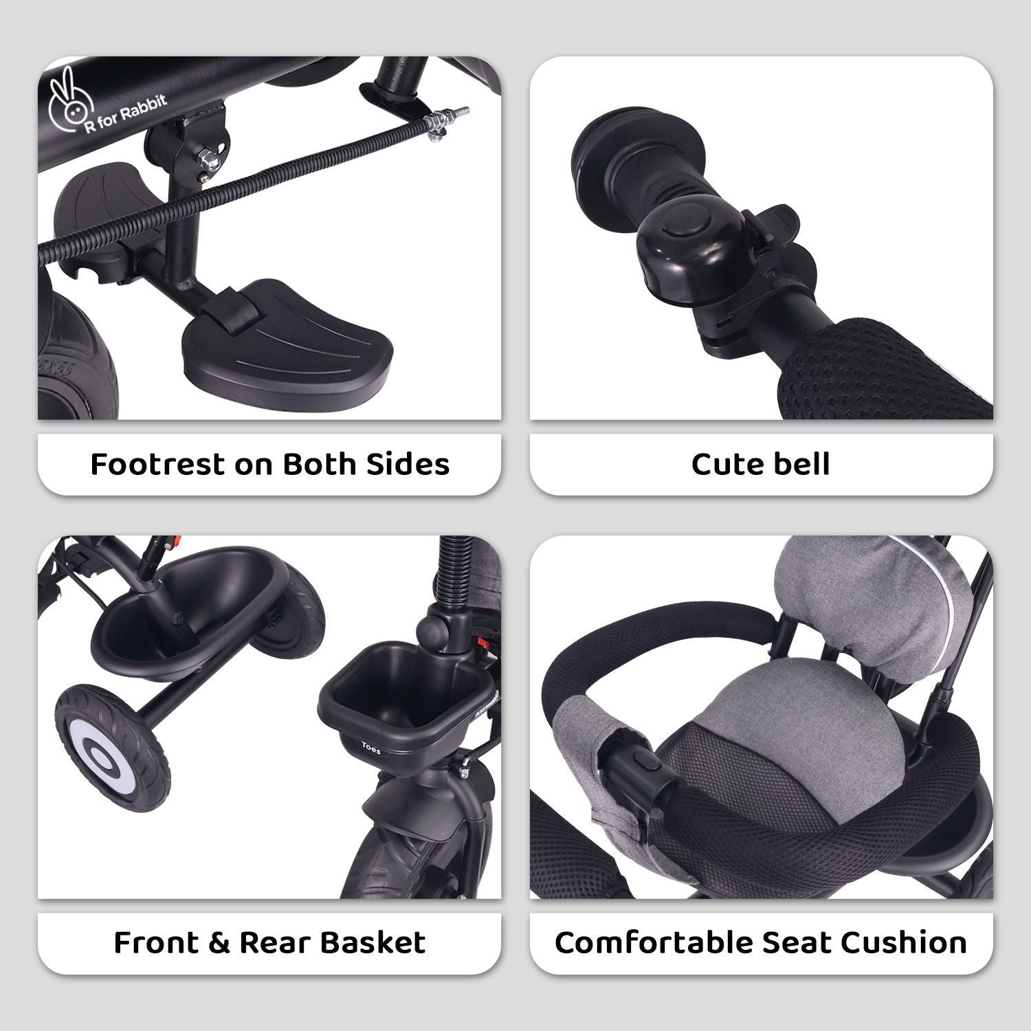 R for Rabbit Tiny Toes T40 Plus Tricycle - Rubber Wheels, 360 Rotatable Seat, Adjustable Canopy, Parental Control, Front & Rear Baskets Grey Black