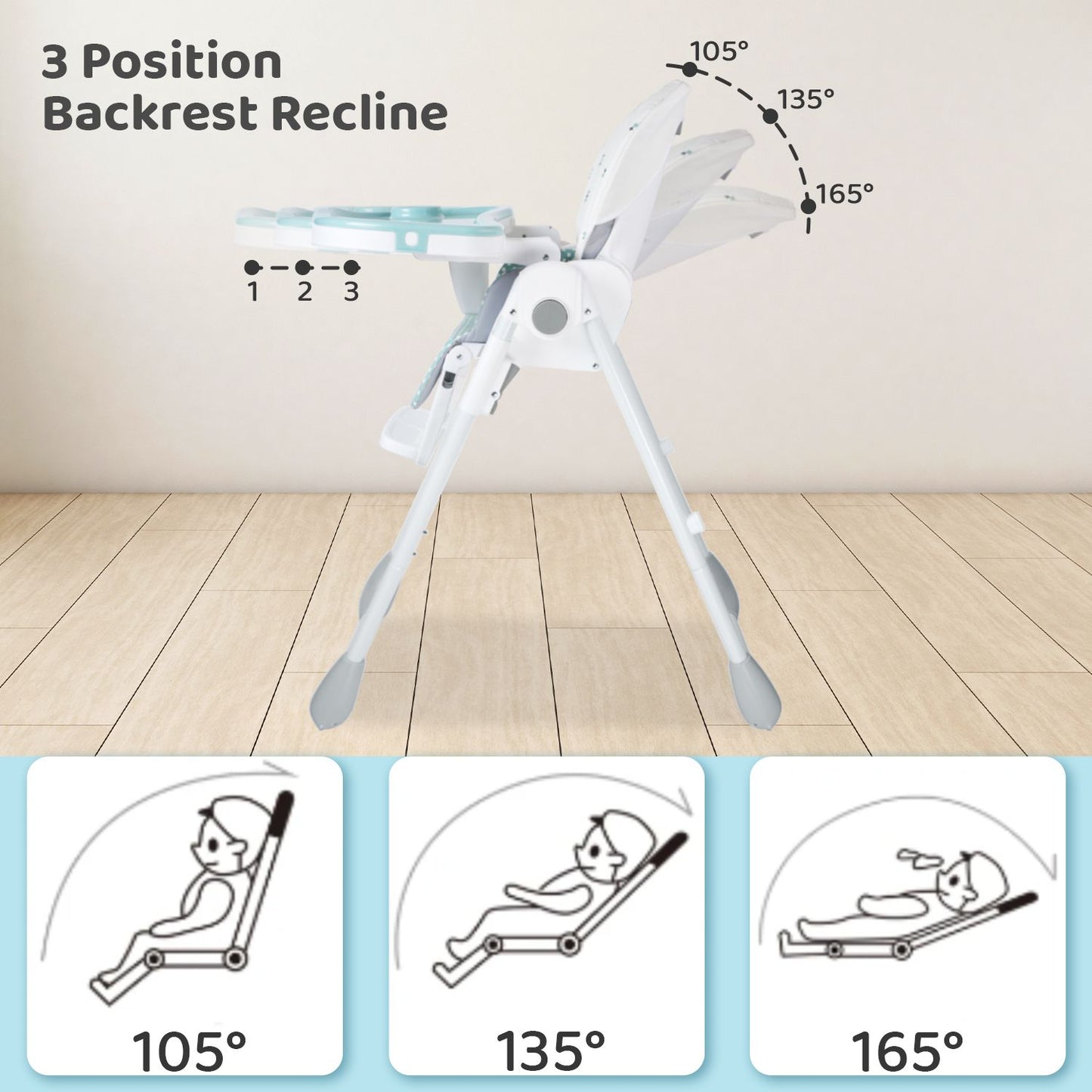 R for Rabbit Marshmallow Lite High Chair - 6 Level Height Adjustment, 3 Recline Modes, Adjustable & Removable Meal Tray Blue