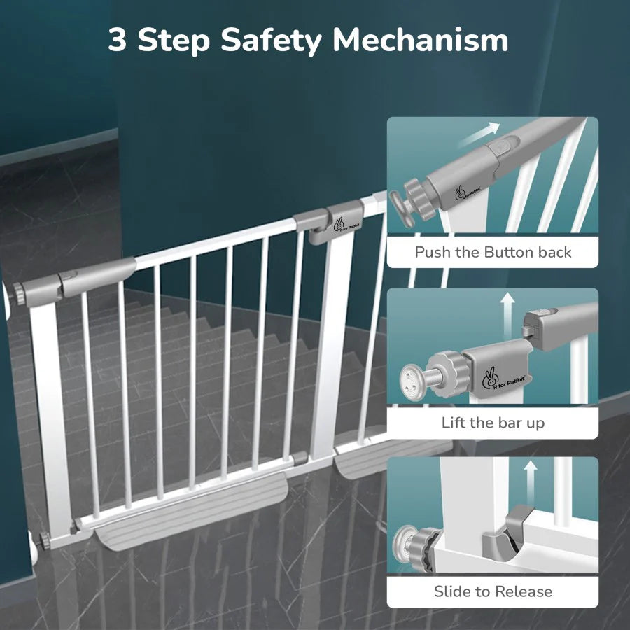 R For Rabbit Safeguard Baby Safety Gate for Kids with Two-Way Auto-Close, No-Drill, Retractable Design & Adjustable Lock, White