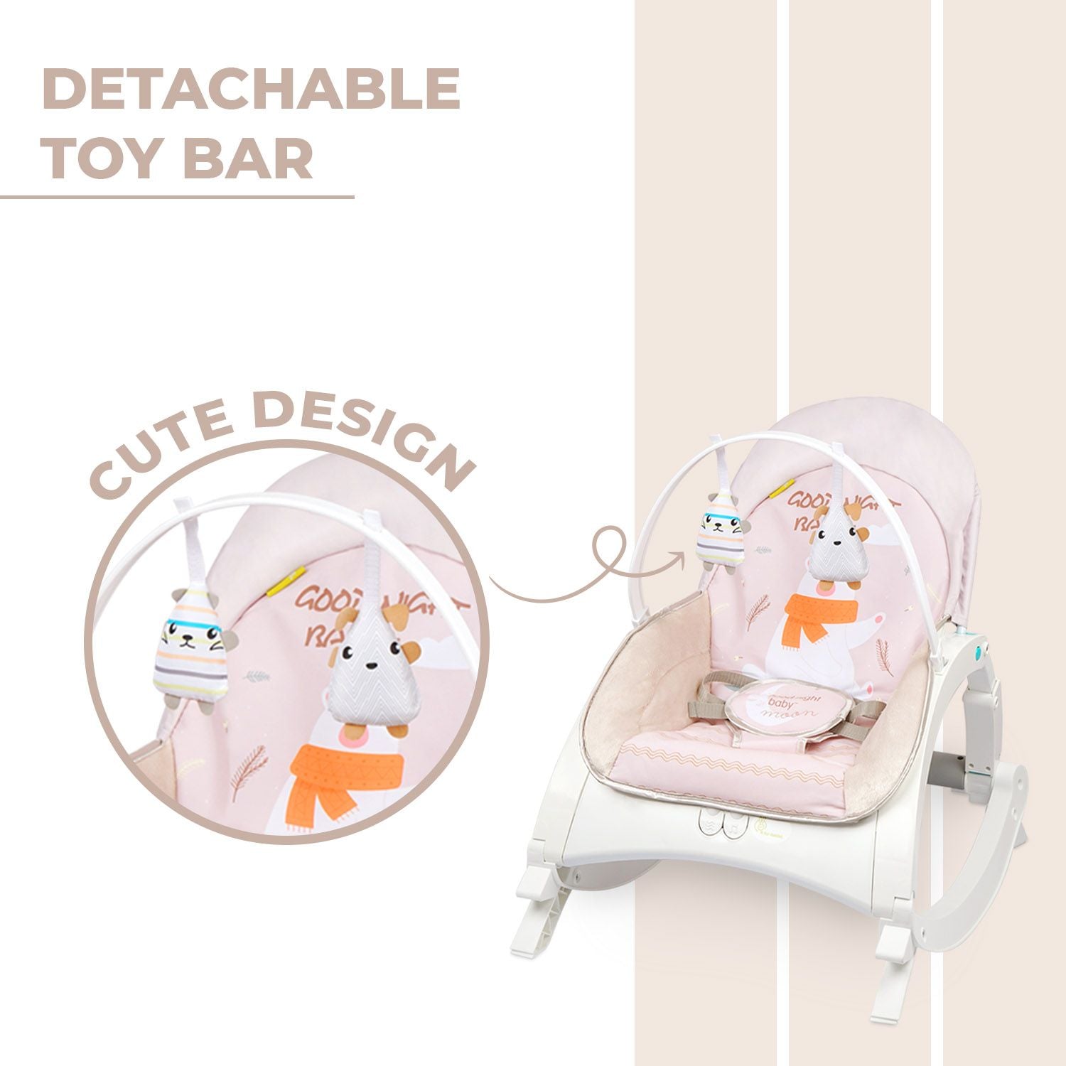 R for Rabbit 3 In 1 Rock N Play Rocker - Adjustable Backrest Recline, Detachable Toy Bar, Soothing Music & Vibration Cream Grey