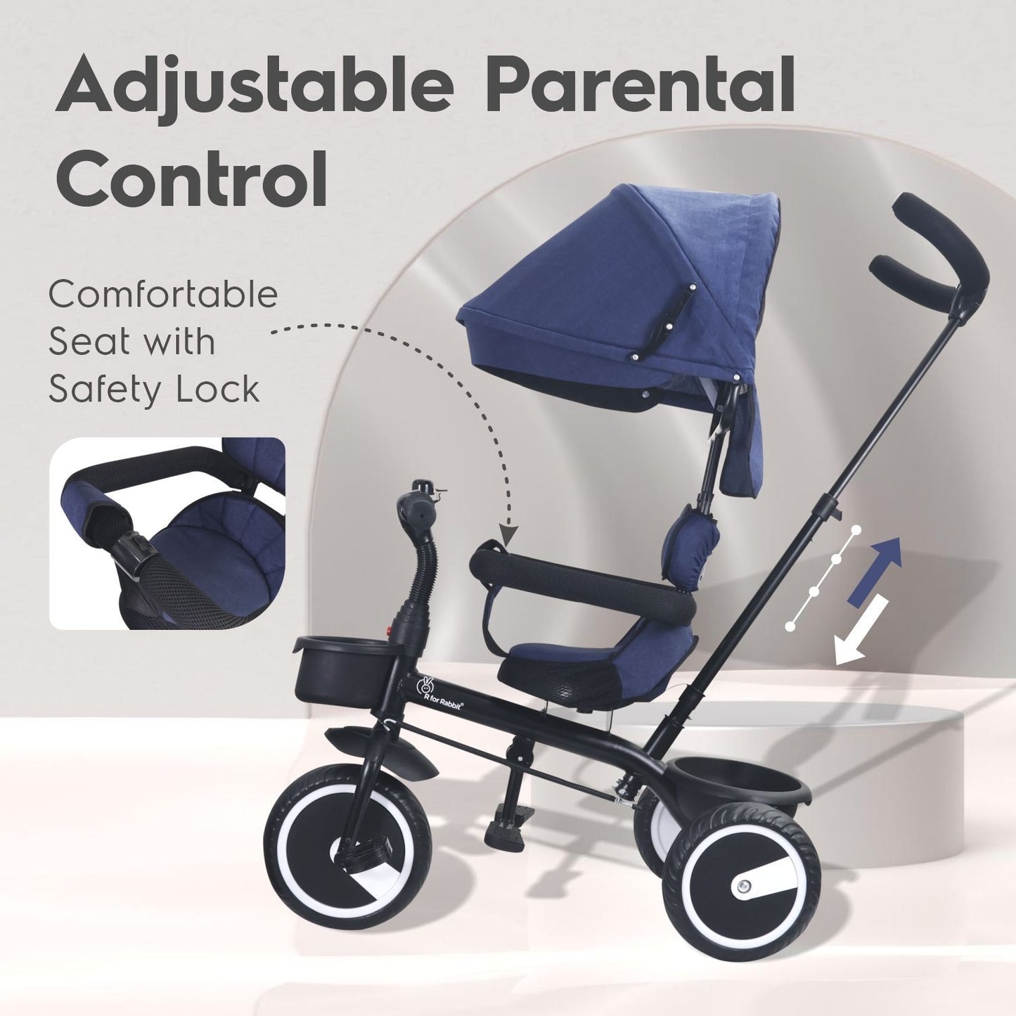 R for Rabbit Tiny Toes T30 Ace Tricycle - 3 In 1, Adjustable Parental Control & Canopy, Front & Rear Basket Denim Blue