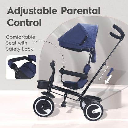 R for Rabbit Tiny Toes T30 Ace Tricycle - 3 In 1, Adjustable Parental Control & Canopy, Front & Rear Basket Denim Blue