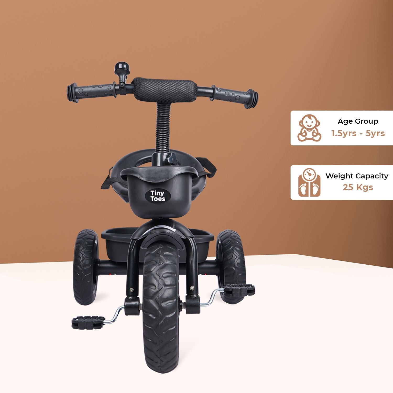 R for Rabbit Tiny Toes T10 Ace Tricycle - Front & Back Basket, Seat Belt Black