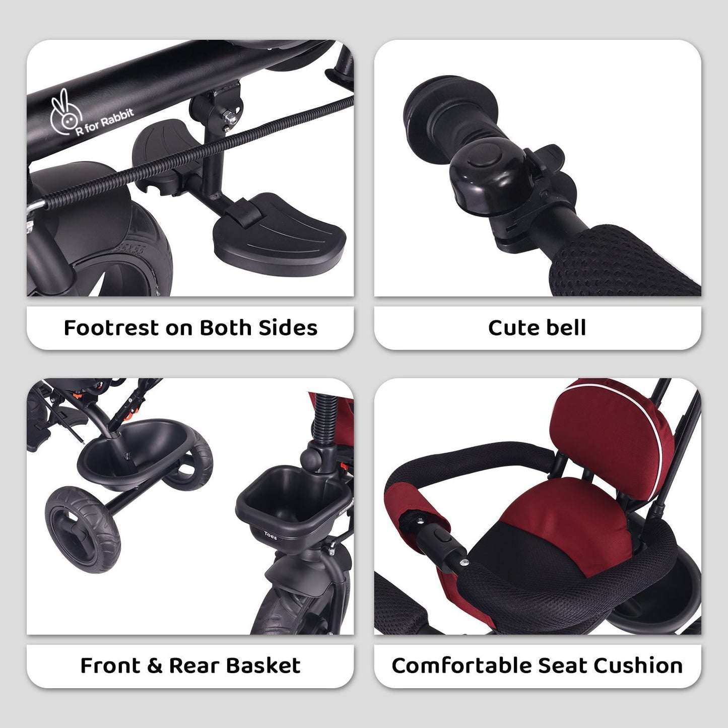 R for Rabbit Tiny Toes T40 Ace Tricycle - EVA Wheels, 360 Rotatable Seat, Adjustable Canopy, Parental Control, Front & Rear Baskets Maroon Black