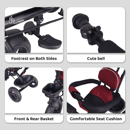 R for Rabbit Tiny Toes T40 Ace Tricycle - EVA Wheels, 360 Rotatable Seat, Adjustable Canopy, Parental Control, Front & Rear Baskets Maroon Black