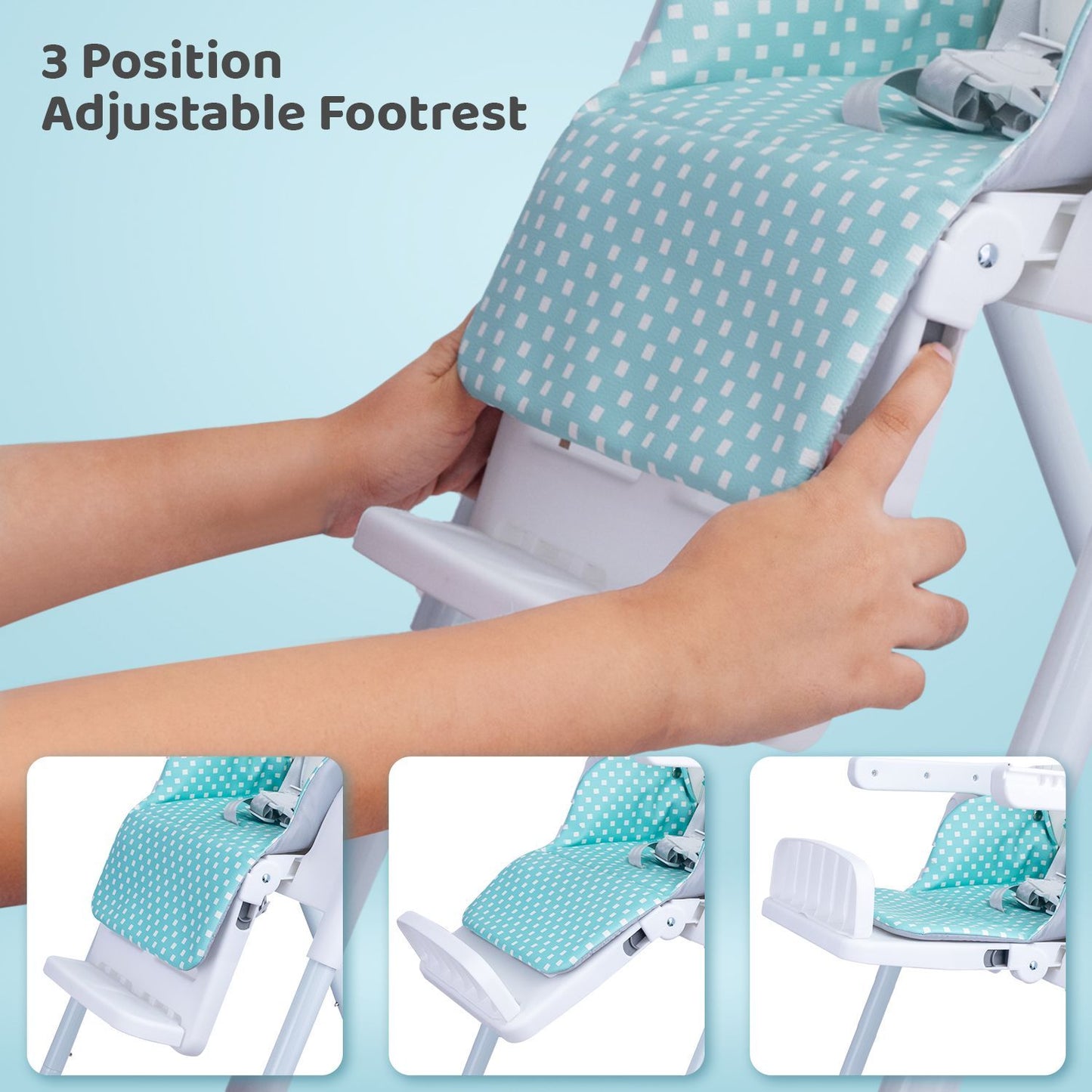 R for Rabbit Marshmallow Lite High Chair - 6 Level Height Adjustment, 3 Recline Modes, Adjustable & Removable Meal Tray Blue