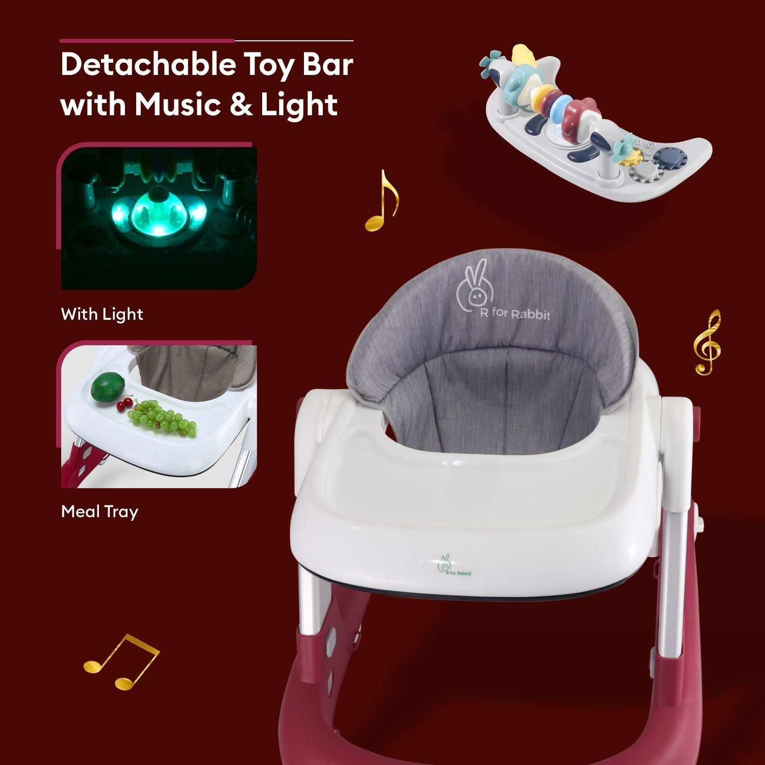 R for Rabbit Little Feet Walker - Detachable Toy Bar/Meal Tray With Music & Light, 2 Level Height/4 Level Seat Adjustment, Anti fall Brake Pads Red