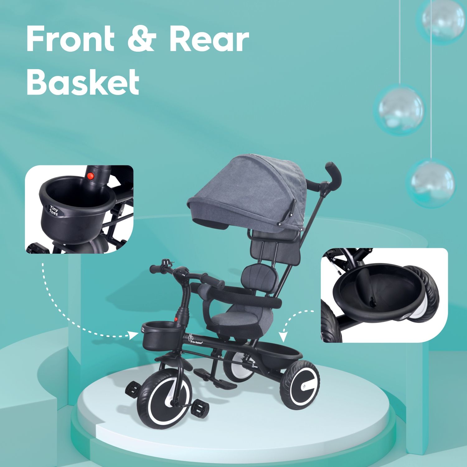 Tiny Toes T30 Ace Tricycle - 3 In 1, Adjustable Parental Control & Canopy, Front & Rear Basket Grey
