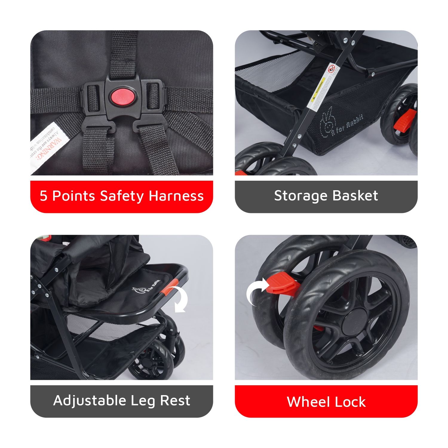 R for Rabbit Lollipop Lite Stroller - Travel Friendly, Easy To Fold, Reversible Handle, Wheel Lock, Adjustable Leg Rest Black Mullti