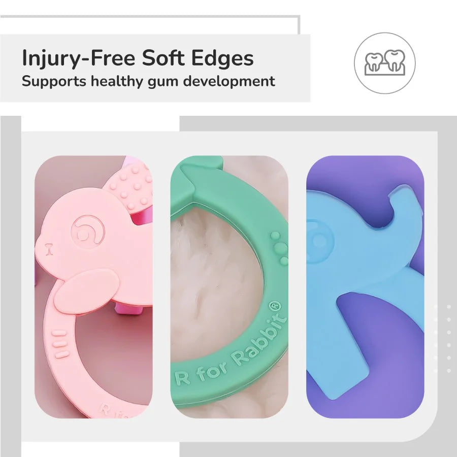 R For Rabbit Tiny Bites Zoobie Baby Silicone Teethers Pack of 3 Crocodile, Rabbit, and Elephant, Green-Pink-Blue