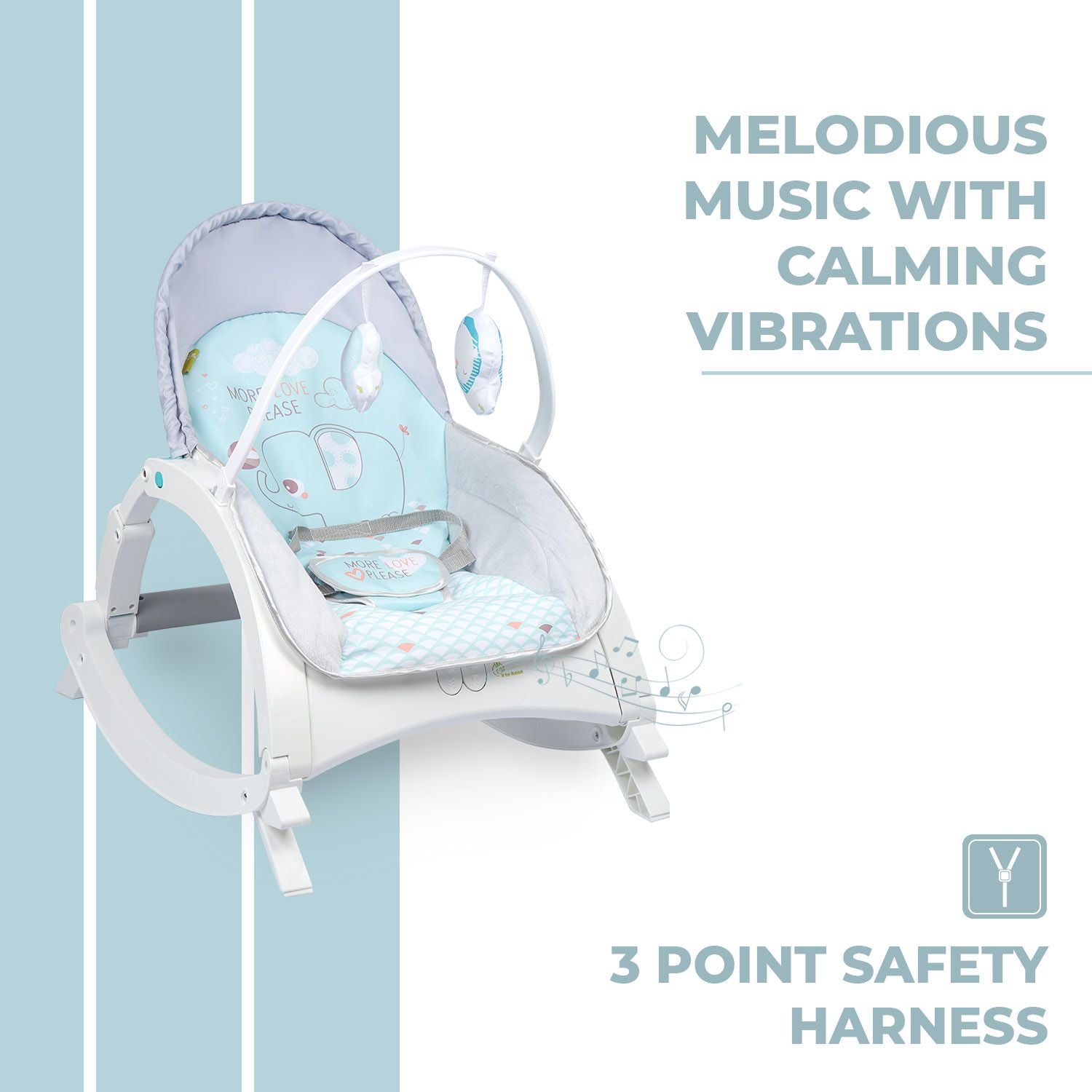 R for Rabbit 3 In 1 Rock N Play Rocker - Adjustable Backrest Recline, Detachable Toy Bar, Soothing Music & Vibration Green Grey