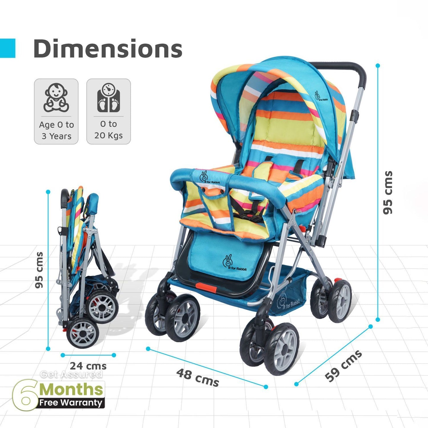 R for Rabbit Lollipop Lite Stroller - Travel Friendly, Easy To Fold, Reversible Handle, Wheel Lock, Adjustable Leg Rest Multicolor
