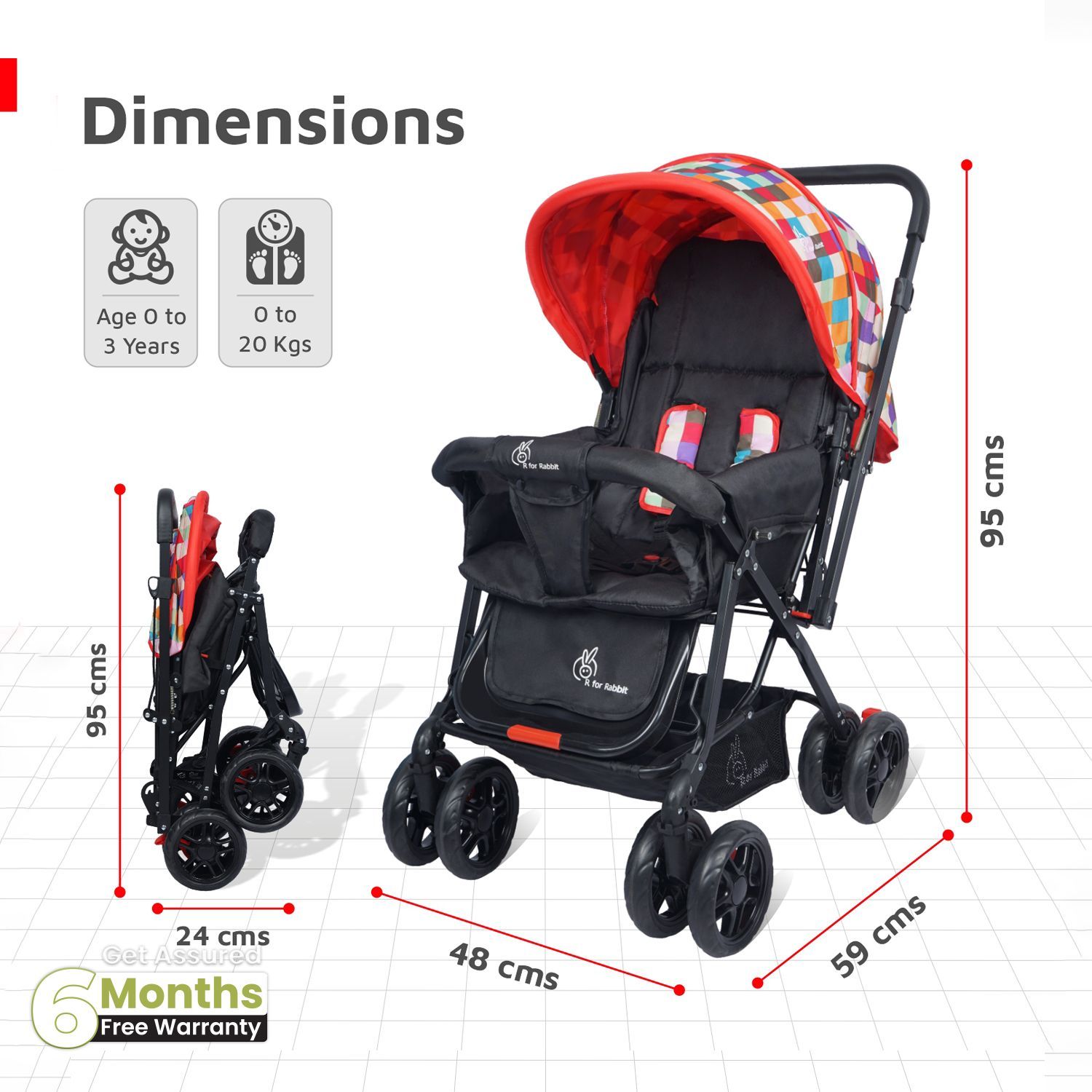 R for Rabbit Lollipop Lite Stroller - Travel Friendly, Easy To Fold, Reversible Handle, Wheel Lock, Adjustable Leg Rest Black Mullti
