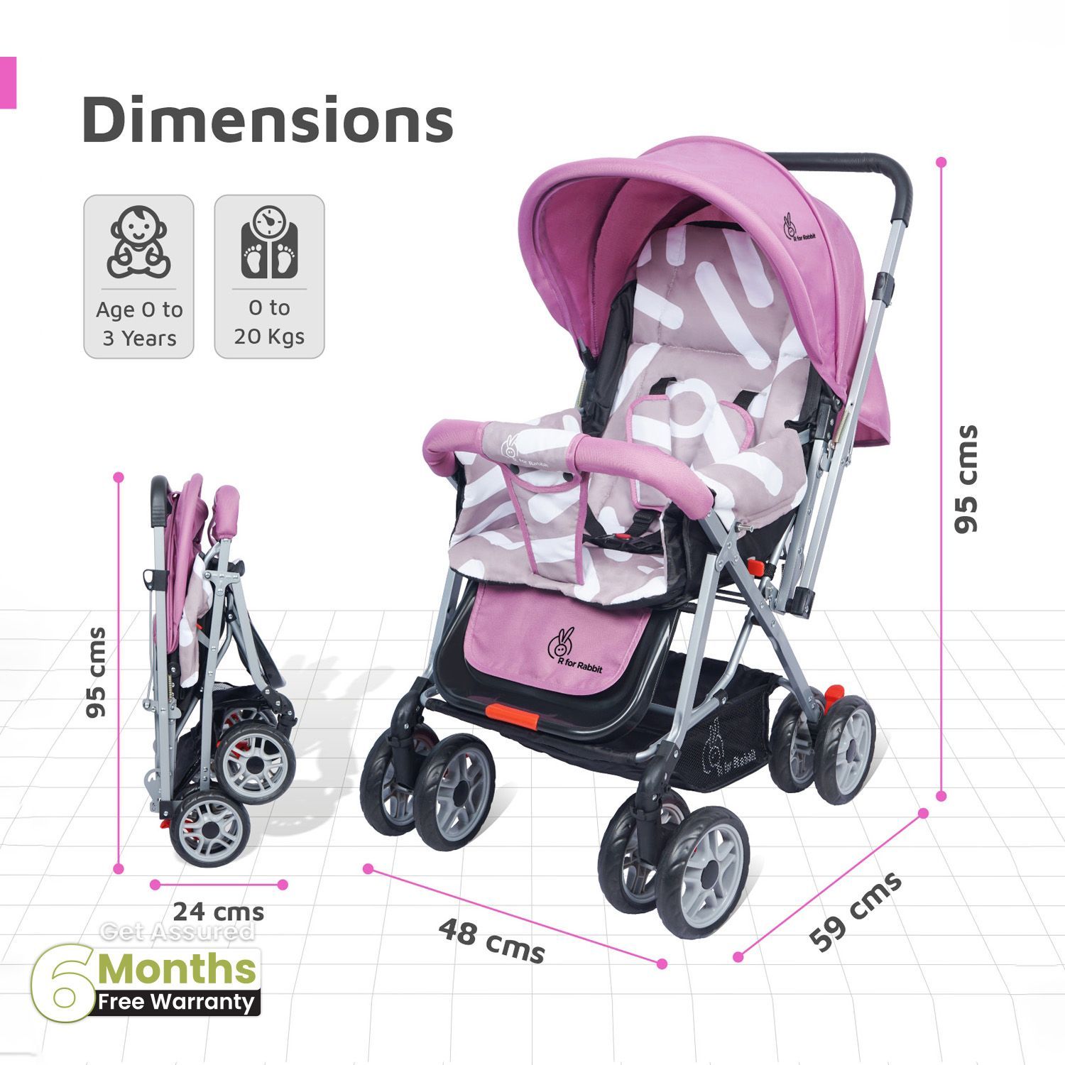 R for Rabbit Lollipop Lite Stroller - Travel Friendly, Easy To Fold, Reversible Handle, Wheel Lock, Adjustable Leg Rest Purple