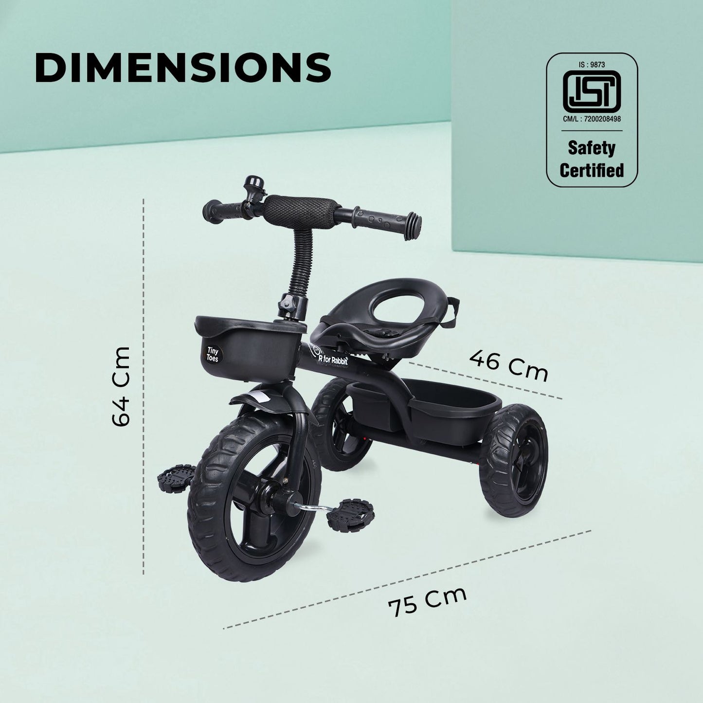 R for Rabbit Tiny Toes T10 Ace Tricycle - Front & Back Basket, Seat Belt Black