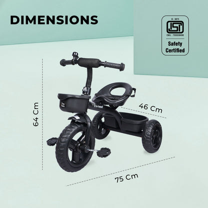 R for Rabbit Tiny Toes T10 Ace Tricycle - Front & Back Basket, Seat Belt Black