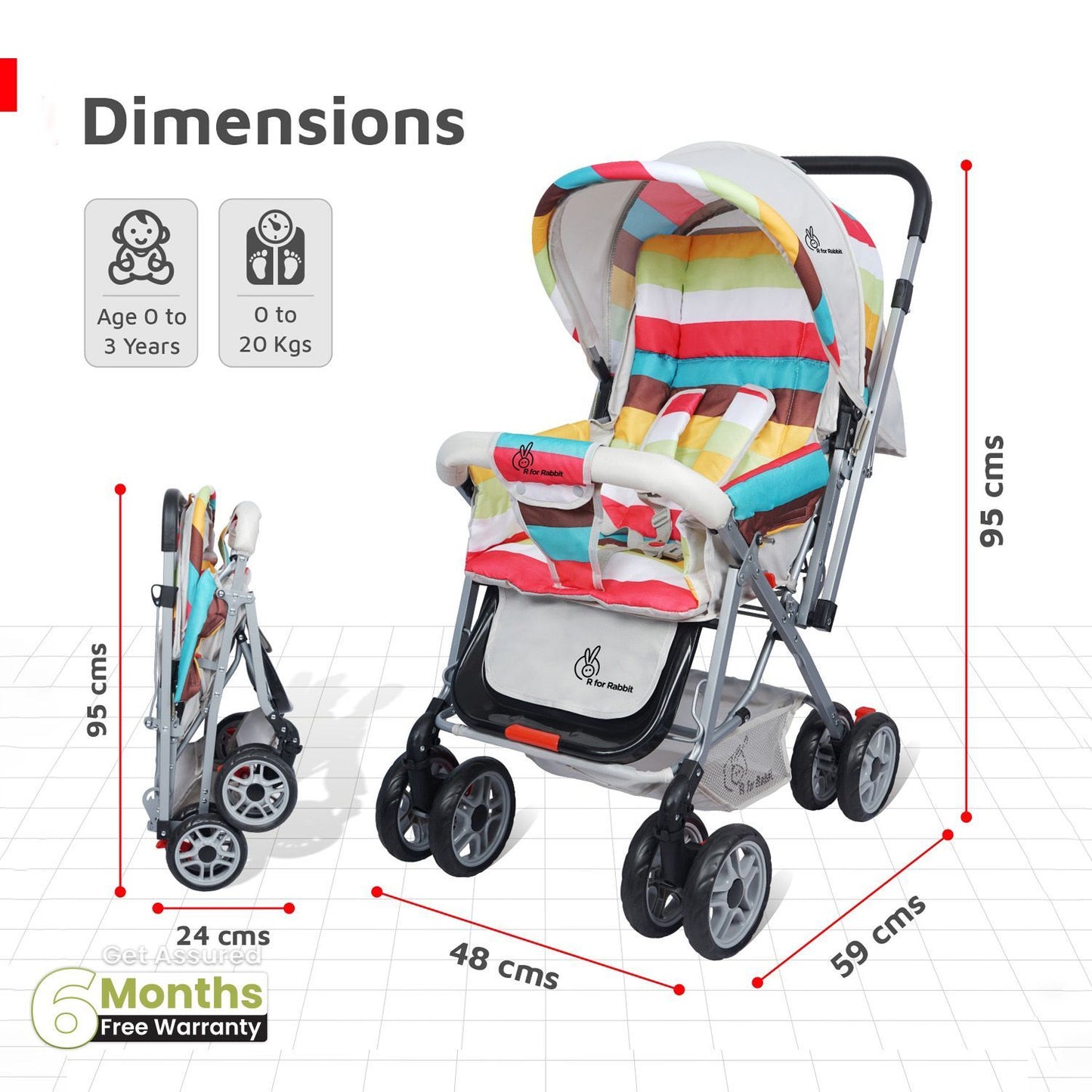 R for Rabbit Lollipop Lite Stroller - Travel Friendly, Easy To Fold, Reversible Handle, Wheel Lock, Adjustable Leg Rest Rainbow