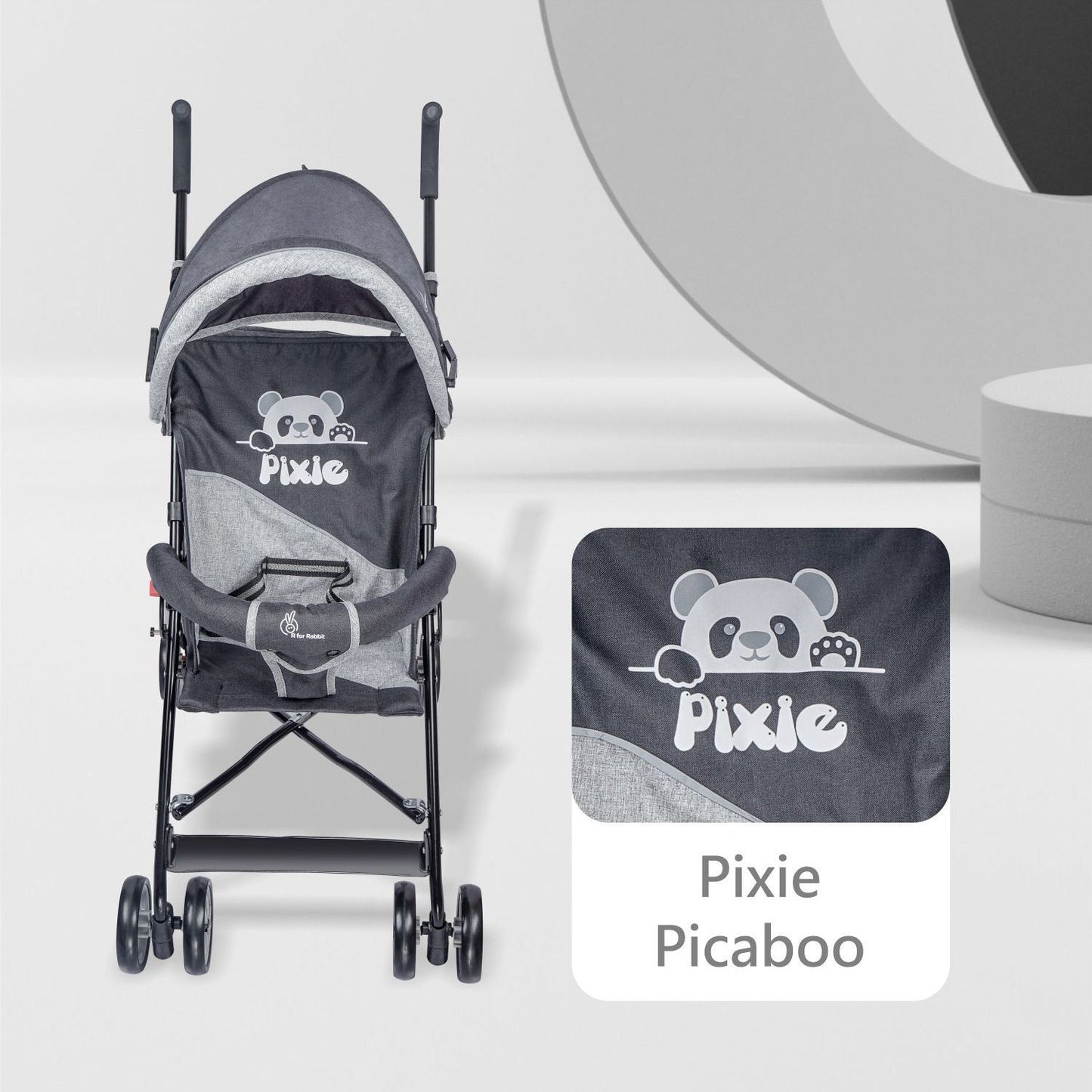 R for Rabbit Pixie Buggy Stroller - Easy To Fold & Store, UV Sun Protection Canopy, Rear Brakes, Storage Bag Black Grey