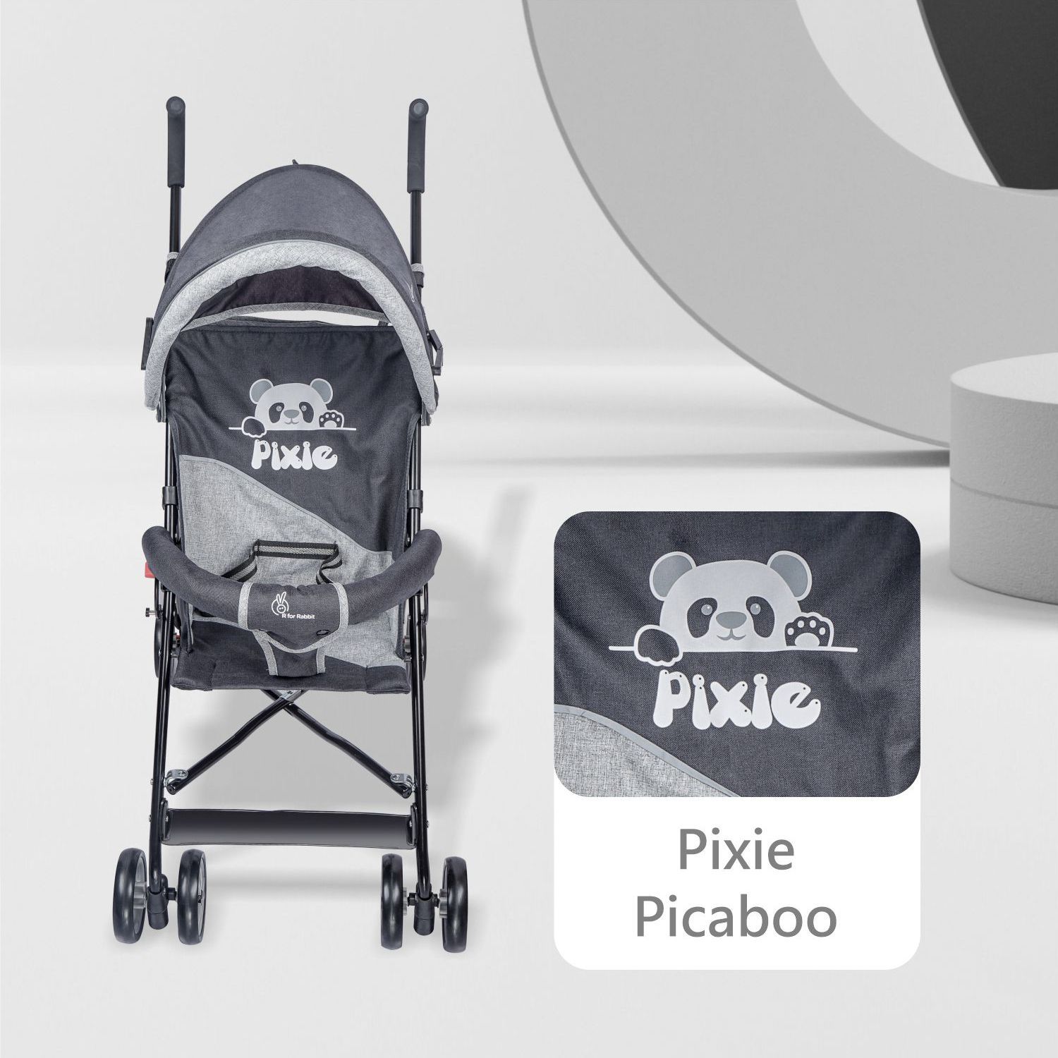 R for Rabbit Pixie Buggy Stroller - Easy To Fold & Store, UV Sun Protection Canopy, Rear Brakes, Storage Bag Black Grey