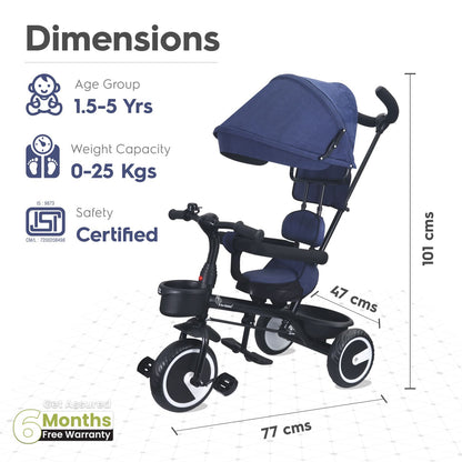 R for Rabbit Tiny Toes T30 Ace Tricycle - 3 In 1, Adjustable Parental Control & Canopy, Front & Rear Basket Denim Blue