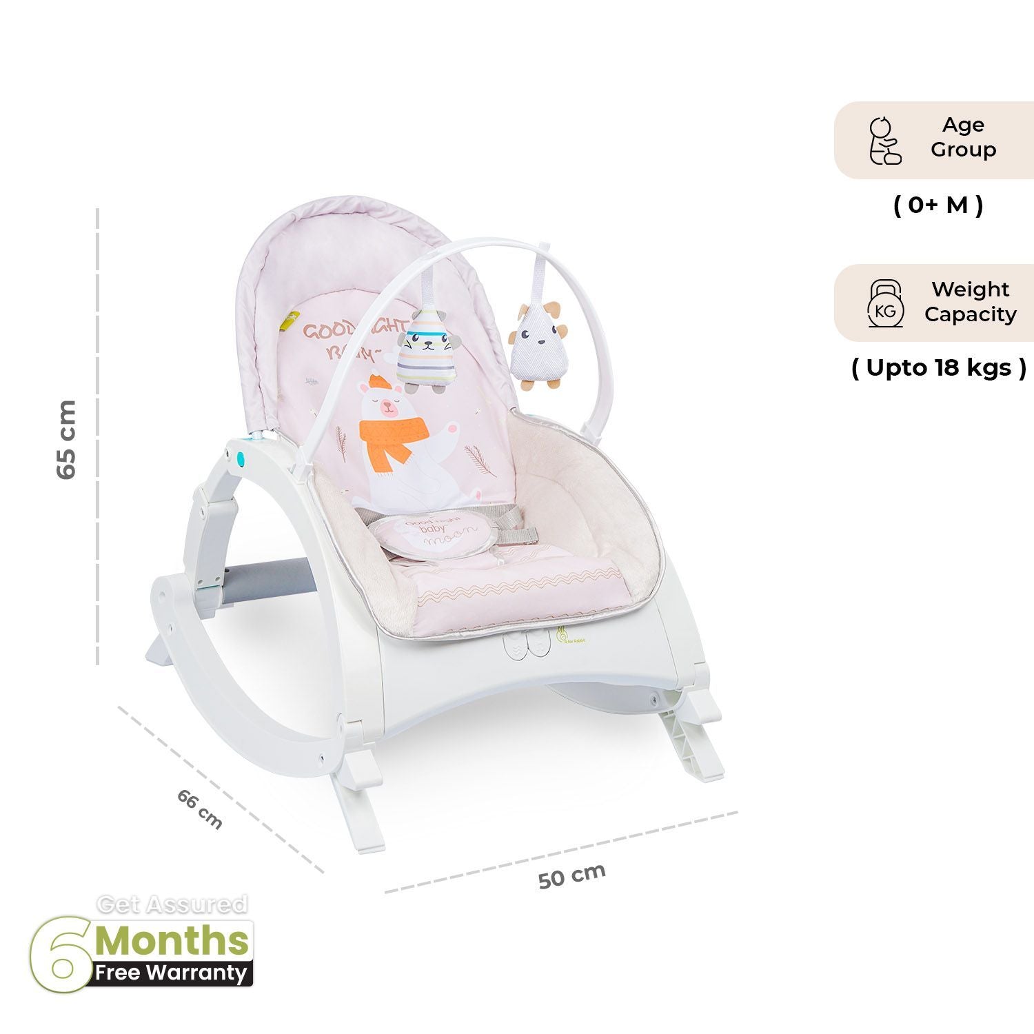 R for Rabbit 3 In 1 Rock N Play Rocker - Adjustable Backrest Recline, Detachable Toy Bar, Soothing Music & Vibration Cream Grey